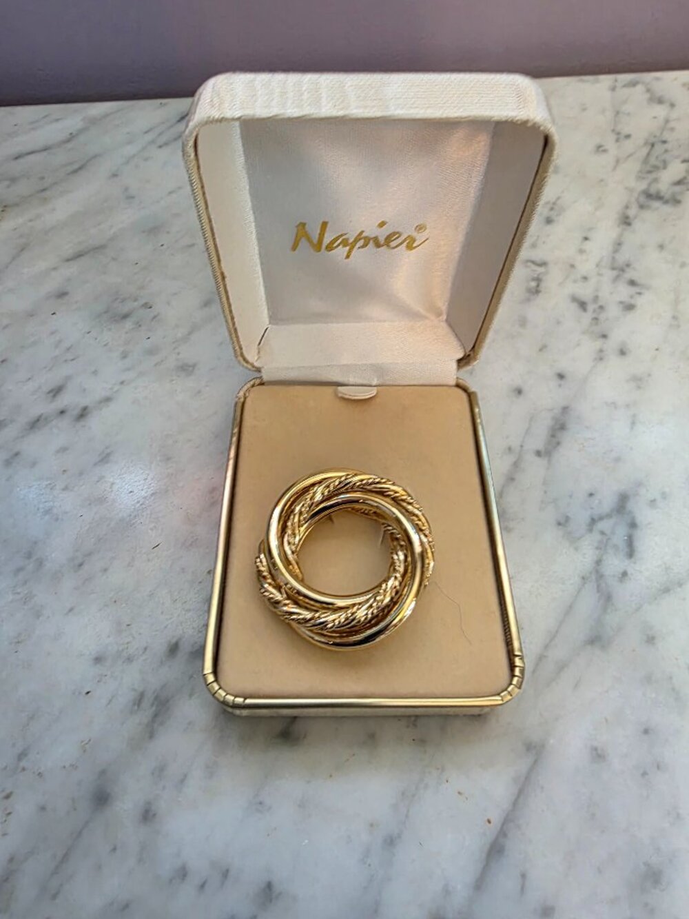Vintage Napier Gold Tone Wreath Brooch in Original Box Signed Classic